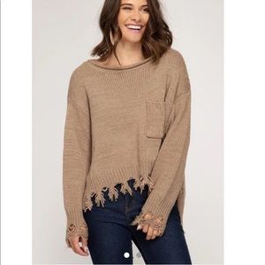 She + Sky Distressed Brown Sweater